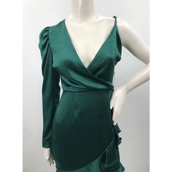 Lulus Green Satin One Shoulder Puff Sleeve Ruffle Trim Mini Dress L Party - Picture 3 of 10